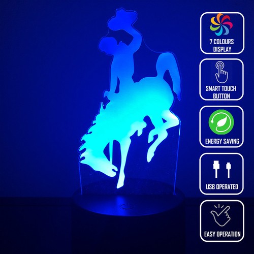 RODEO COWBOY BUCKING BRONCO 3D Acrylic LED 7 Colour Night Light Touch Table Lamp - Picture 2 of 7