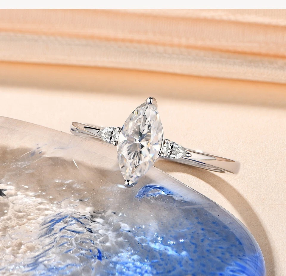 1ct Marquise Cut Ring Solitaire 18k White Gold Lab-Created Diamond Test Pass 6.5 - Image 3 of 4