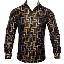 Barry.wang New Black Golden Geometric Button Up Shirt size M satin silk polyster