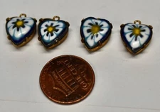VINTAGE 4 enameled GLASS HEARTS millefiori floral design IN BRASS pendants 12mm