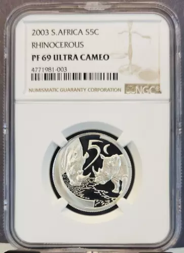 2003 SOUTH AFRICA SILVER 5 CENTS S5C RHINOCEROUS NGC PF 69 ULTRA CAMEO SCARCE