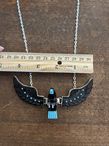 Navajo Native Flying Eagle Necklace Turq & Blk Ben Livingston L 4 1/2 “ Zuni # F - Picture 8 of 24