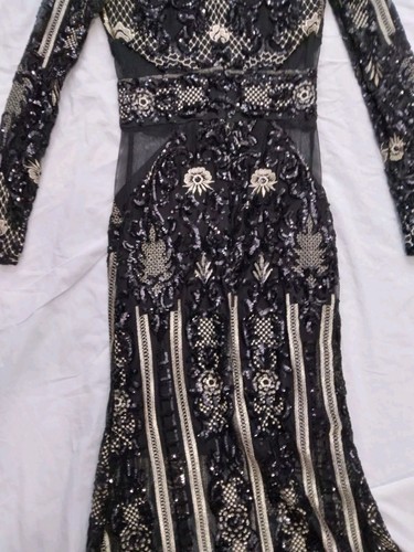 Fashion Nova Dress Black Gold Sequin Floral Embroidered Evening Gown Size Small - Picture 15 of 16
