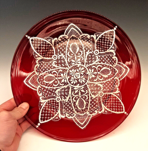Antique SALVIATI Venetian Murano Art Glass Ruby Red White Lace Enamel 11" Plate - Picture 8 of 23