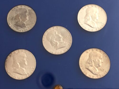 5- U.S. FRANKLIN SILVER HALF DOLLARS -ALL P MINT- (2) 1952,53,55,57 - Picture 3 of 3