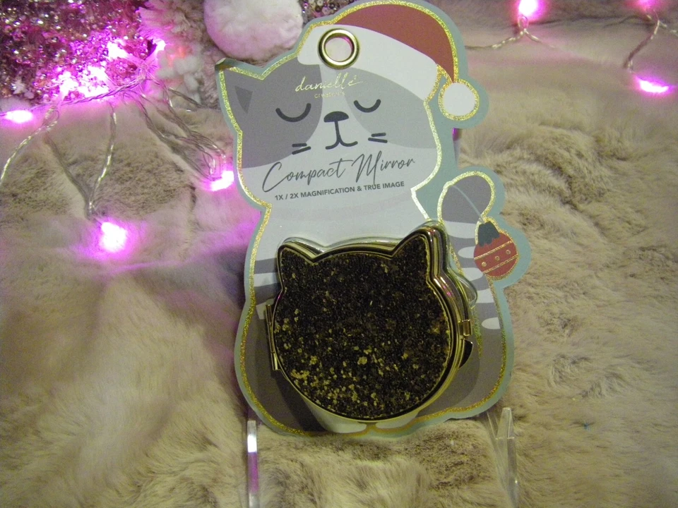 Gold Glitter Kitty Face Foldable Compact Mirror Two/Side  New Packaged - Image 3 of 4