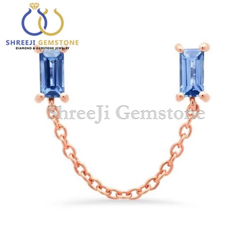 0.27 Ct Emerald Baguette Chain Stud Earring 14k Solid Yellow Gold Fine Jewelry - Picture 15 of 20