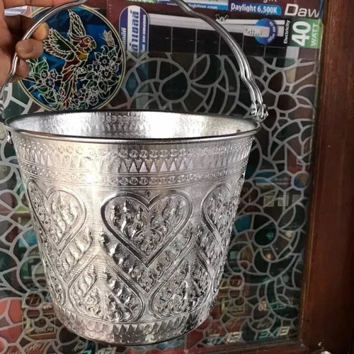 1Pc. Thai Pattern Silver Aluminum Wine/Beer/Ice Bucket with Handle Size: 20cm - Picture 4 of 8