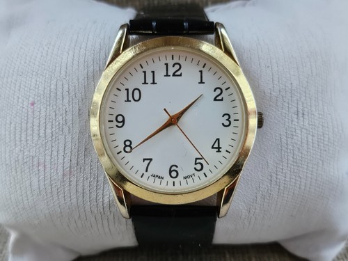 Fashion Wristwatch Gold Tone Case Black Leather Strap Analog Quartz Unisex Watch - Picture 2 of 13
