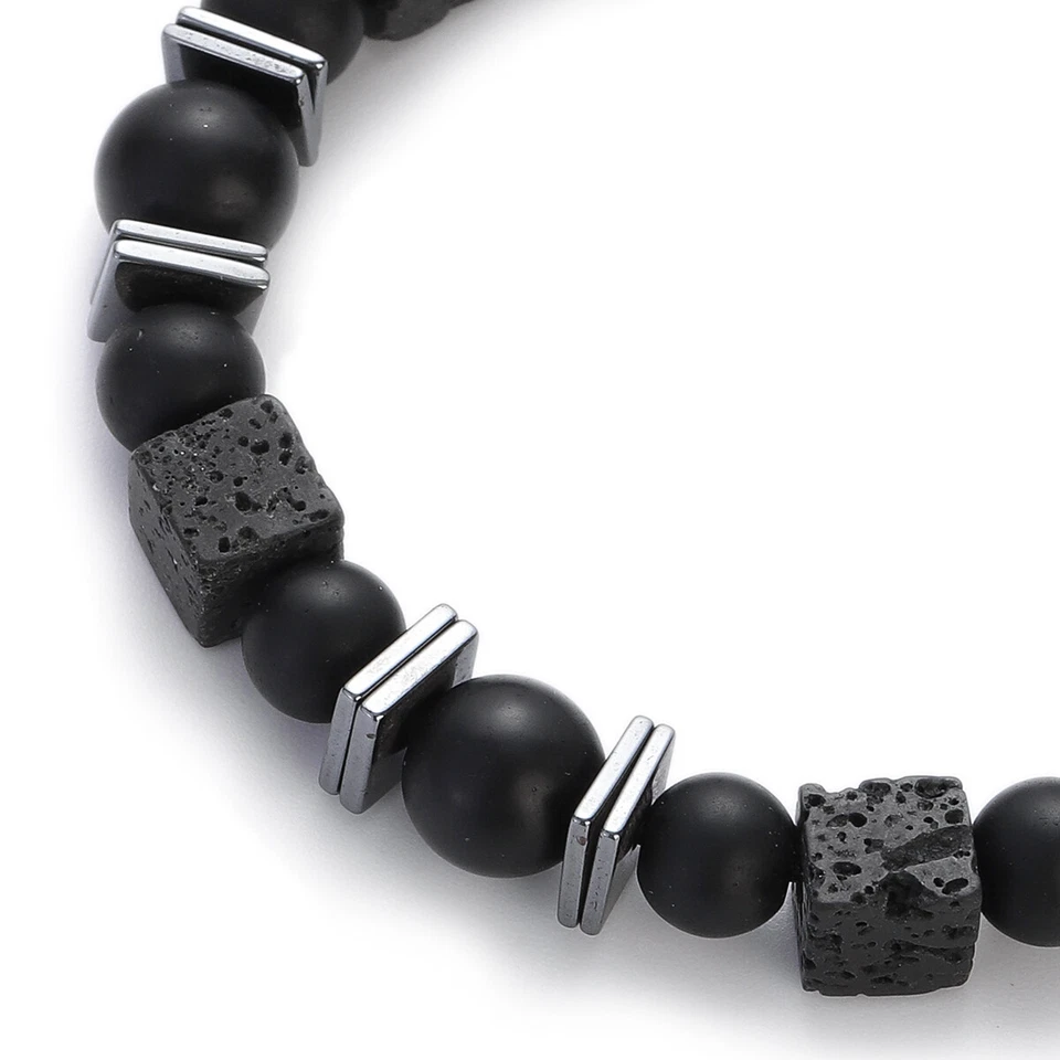 Men's Square Lava Stone Bracelet Natural Round Pendant Handmade Couple Bracelets - Image 4 of 4