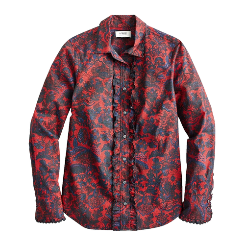 Neu mit Etikett J Crew Collection Damen Jakobsmuschel Rüschen Shirt Weihnachtsstern Paisley Gr. 0 Slim