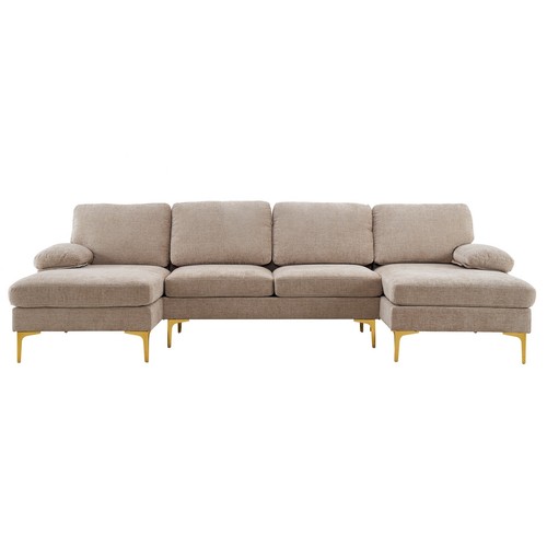 U-Shaped 4-Seat Indoor Modular Sofa Chenille Camel Beige Fabric Sectional Couch - Picture 15 of 21