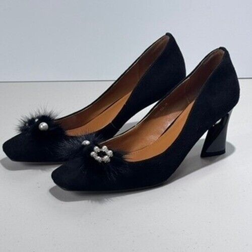 Fashion Black Suede Pumps Pearl Heel Embellished Occasion Shoes US 10.5 - Picture 2 of 10