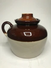 Pottery Jug Bean Pot Handled with Lid Brown and Cream USA