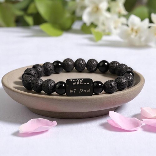 Engraved Bracelet for Dad - Lava Rock Obsidian Stone Bracelet Father's Day Gift - Picture 2 of 4