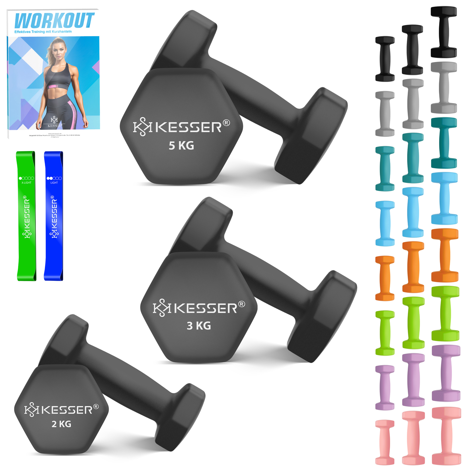 KESSER® Hanteln Hantelset 2er Set 2-5kg Kurzhanteln Übungsheft 2x Fitnessbänder
