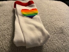 BRAND NEW KNEE SOCKS WITH A MULTI COLORED HEART