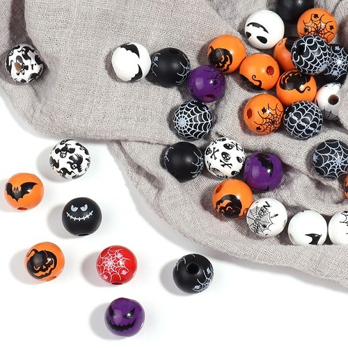 50x Handarbeit Holz Halloween Motiv Totenkopf Geist Kürbis Zum Selbermachen Schmuck Perlen - Bild 4 von 10