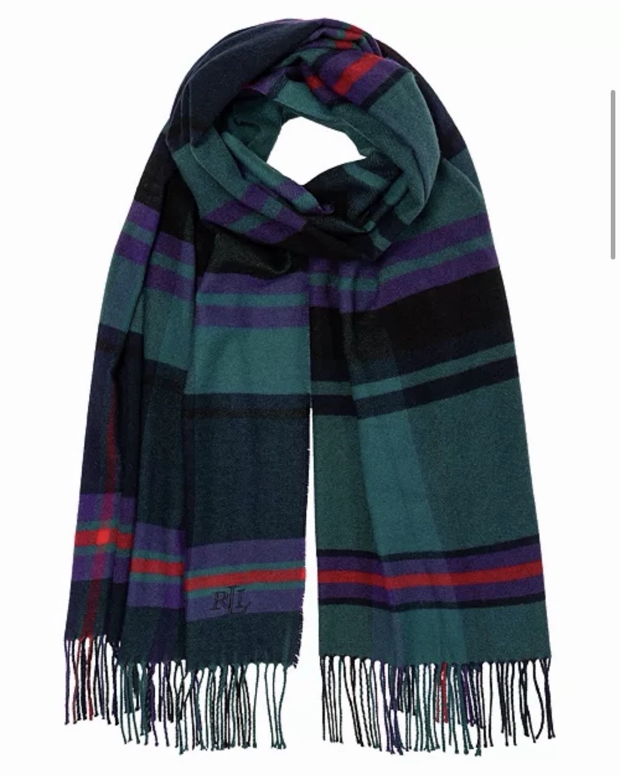 NEW Lauren Ralph Lauren Exploded Plaid Scarf Morino Wool Blend Fringe Multicolor