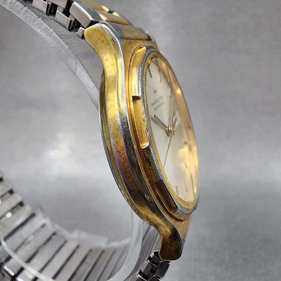 Reloj Hamilton Obra Maestra Hombre 32mm Esfera Plateada Tono Dorado Fecha 9404 Nuevo Batt Foto 4 de 4