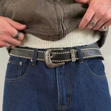 Y2K Round Studded Black Vegan Leather Belt – Silver Grunge Unisex, New