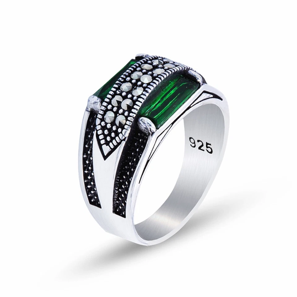 Мужское кольцо из стерлингового серебра 925 пробы с изумрудно-зеленым драгоценным камнем - Изображение 3 из 4