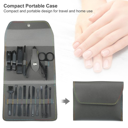 16pz Manicure Set con Grigio PU Pelle Custodia Personale Cura Strumento Kit Nero - Foto 5 di 7