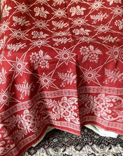 Antik 1800’s Floral Farn Stern Türkei Rot Baumwolle Damast Stoff Tischdecke