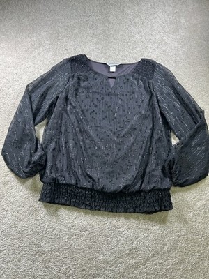 Christopher & Banks Womens Black M Blouse Sheer Sleeve Keyhole WhimsiGoth Witchy