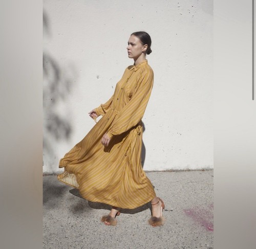 Creatures of Comfort Kelen Dress In Gold Line Print Minimalist USA Made Size 4 - Picture 1 of 14