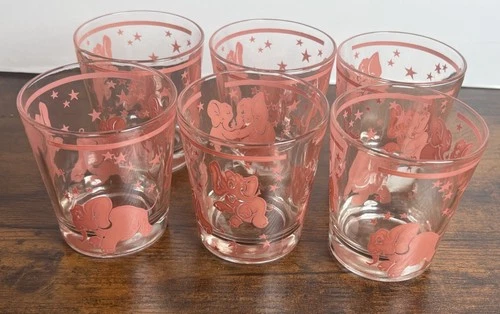 Vintage Set of 6 HAZEL ATLAS Dancing Pink Elephant RARE Shot Glasses