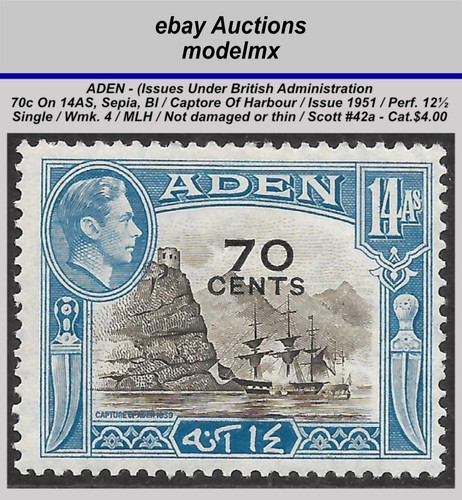 Aden Under British Admin. - 1951, 70c On 14As Sepie Blue, MLH - Scott  Cat.$4.00 - Picture 1 of 2