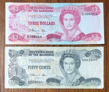 1974 (1984) The Central Bank of the Bahamas $3 & $1/2 (50 cents) Banknotes