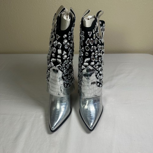 Lauren Lorraine Hana Silver Rhinestone Embellished Cowboy Western Boots Size 8 - Picture 8 of 15