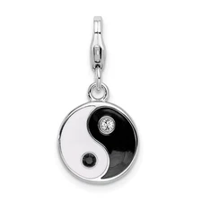 Amore La Vita Silver  Polished Enameled Crystal Yin and Yang Charm with Fancy Lo