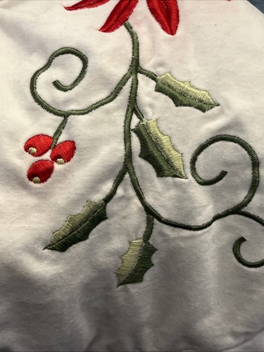 Large 77" White Pine Brand Embroidered Poinsetta & Holly Christmas Tree Skirt - Picture 8 of 9