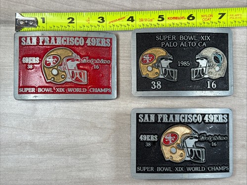 San Francisco 49ERS 3 fibbie per cintura set Super Bowl XIX Champs Vs Dolphins vintage rare - Foto 3 di 14