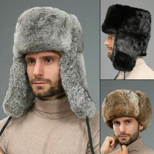 Genuine Mens Real Winter Trapper Hat Cap Russia Ushanka Earflap Ski Rabbit Fur - Picture 3 of 10