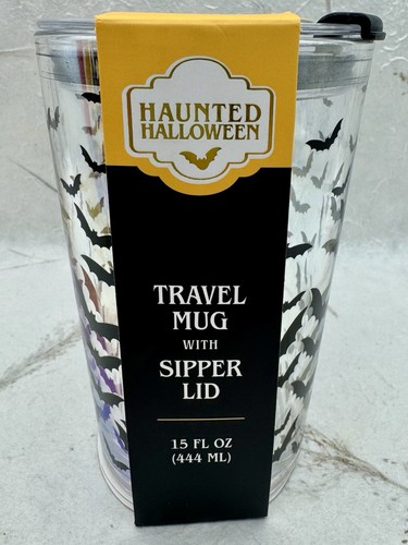 Haunted Halloween Bats Glass Lidded Travel Mug 15oz Iridescent Coffee Tea Cup - Picture 4 of 12