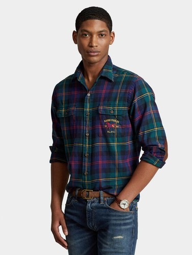 Polo Ralph Lauren Mens Classic Fit Suede-Patch Plaid Workshirt Multicolor-Medium - Picture 9 of 9
