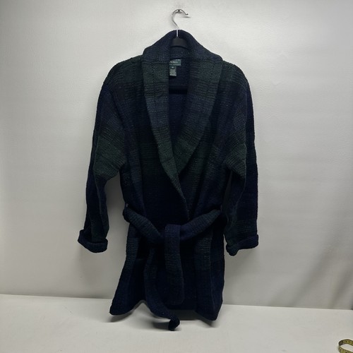 Vintage Lauren Ralph Lauren green/ blue plaid wool knitted belted cardigan coat - Picture 1 of 7
