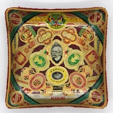 Vintage Glass Cigar Band Ashtray Advertising Decoupage Red Felt Lined Tobacciana