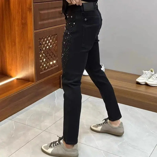 Jeans casual autunnali stile coreano elasticizzati nuovi neri con decorazioni patch - Foto 12 di 24