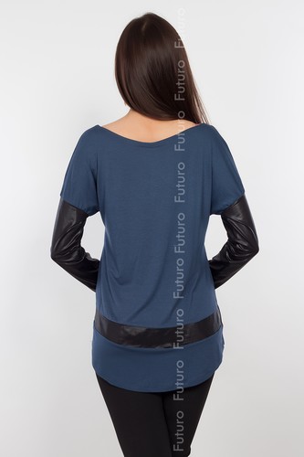 Womens New Top Boat Neck Long Sleeve Blouse Eco Leather T-Shirt Size 8-12 8102 - Picture 9 of 12