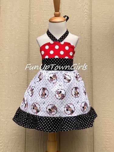 MÄDCHEN DISNEY MASSGESCHNEIDERT BOUTIQUE ROT GEPUNKTET MINNIE MOUSE KLEINKIND NECKHOLDER KLEID - Bild 1 von 3
