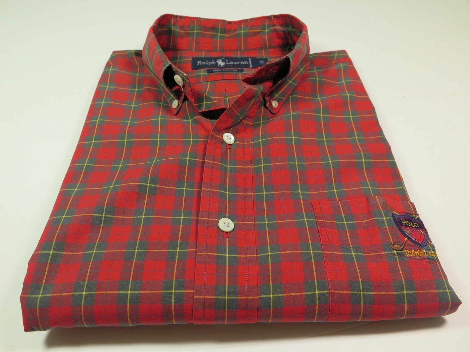Polo Ralph Lauren Mens Embroidered Golf Red Green Plaids Casual Shirt Medium EUC