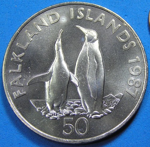 Falkland Islands 50 Pence Coin 1987 UNC, King Penguin, Free S/H after 1st Item