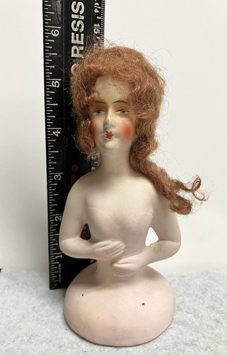 Vintage GERMANY CHALKWARE PIN CUSHION BOUDOIR DOLL BUST (5.5”)-Auburn Mohair Wig - Picture 12 of 12