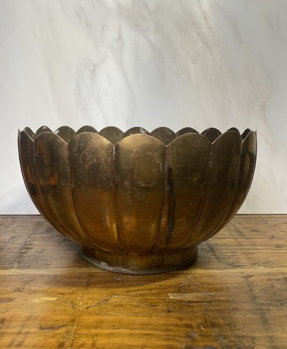 Vintage Brass POT PLANTER 12” Scalloped Large Round Gold Decorative Hong Kong - Picture 4 of 12