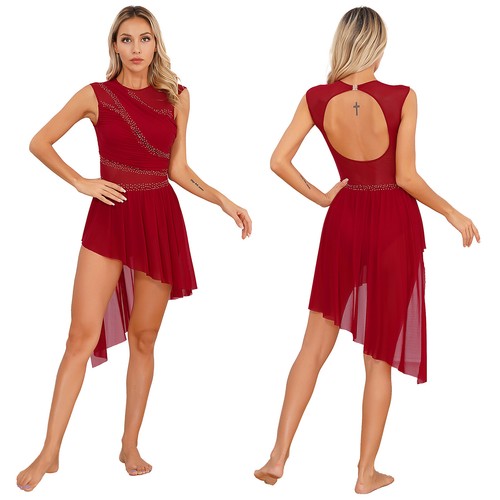 AU Womens Adult Sheer Mesh Lyrical Ballet Dance Chiffon Asymmetric Leotard Dress - Picture 7 of 64